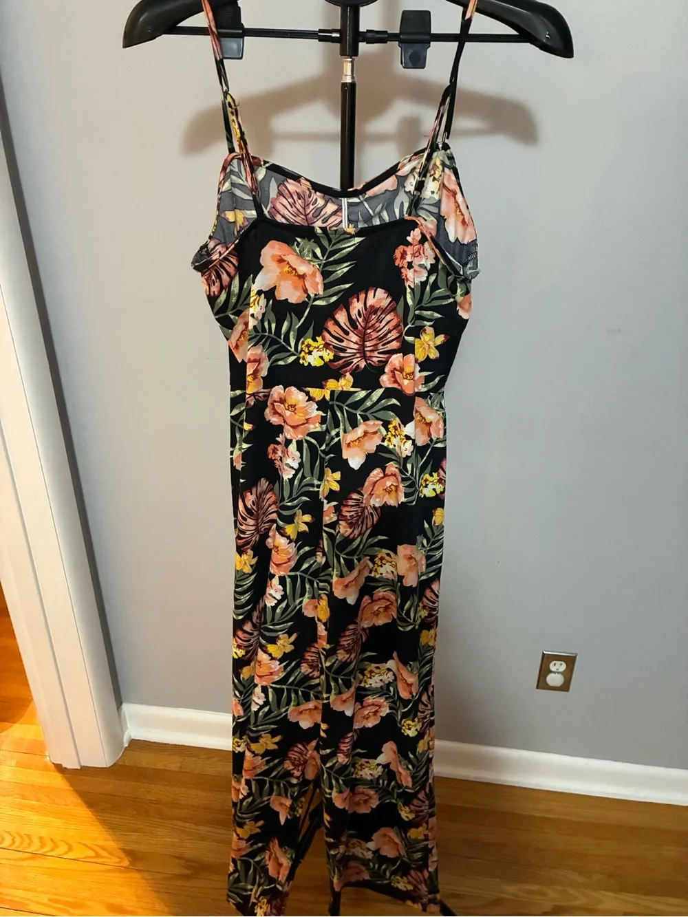 Floral Black Jumpsuit with Pink & Coral Blooms - Picture 5 of 6